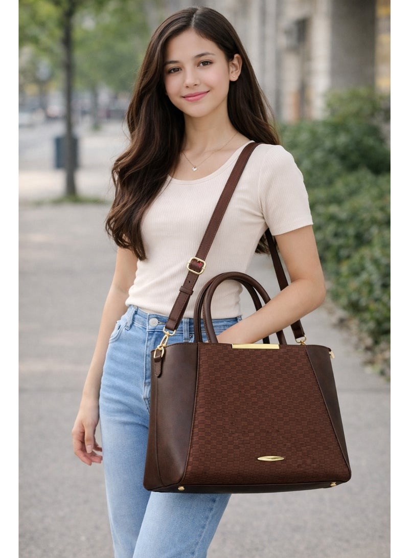 Women’s Shoulder Bag Elegant Textured Satchel with Adjustable Crossbody Strap Spacious Trendy Dusty Tote for Work & Daily Use (Light Brown) - Image 2